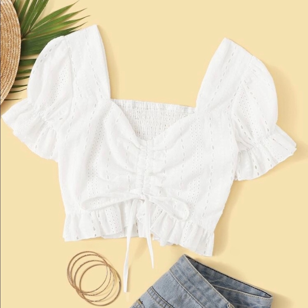 White ruffled crop top shirt
